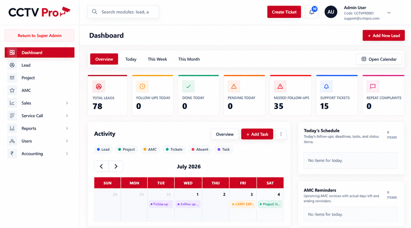 CCTVPro admin dashboard with leads, follow-ups and activity calendar