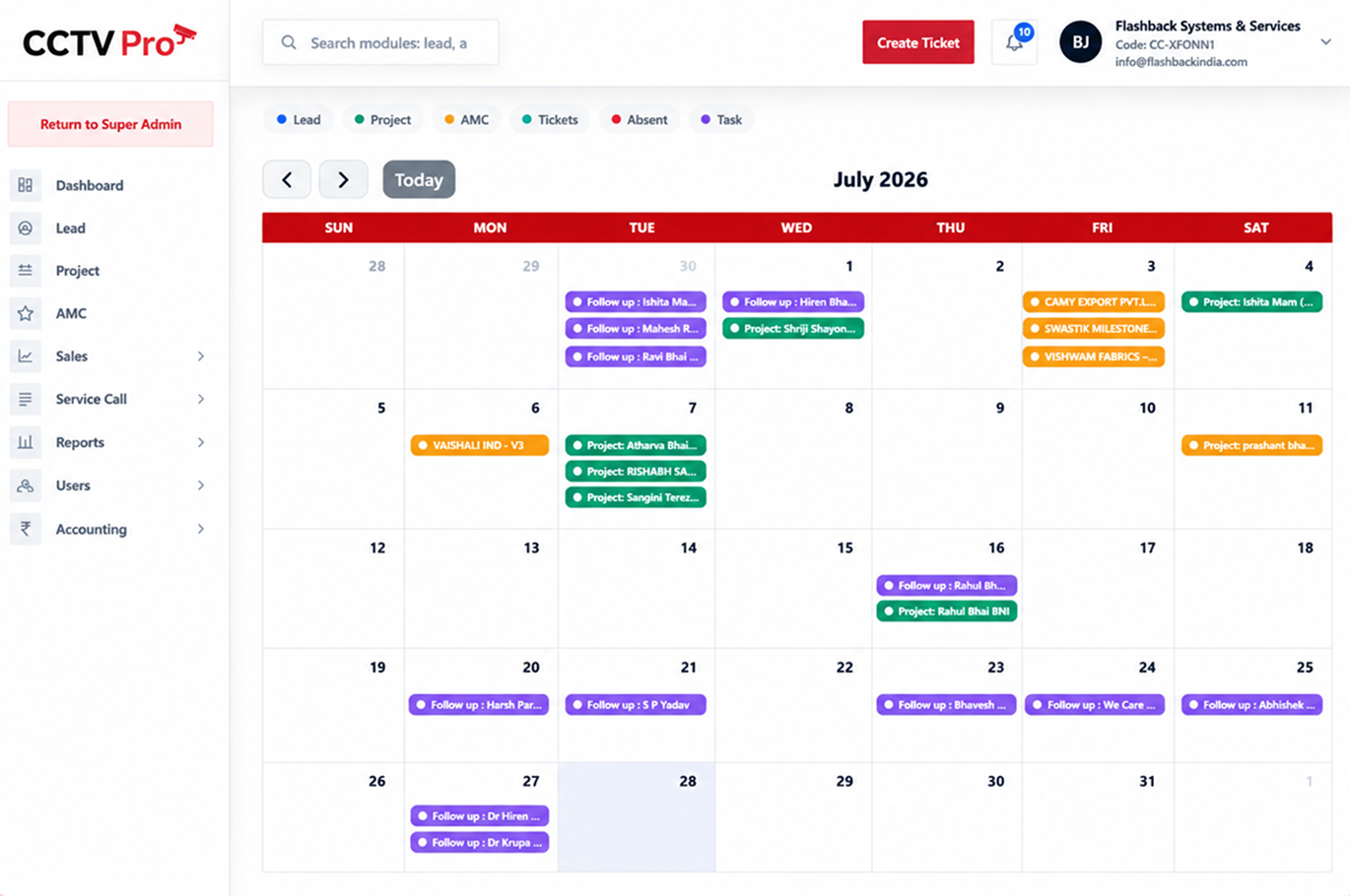 CCTVPro monthly calendar view with leads, projects and follow-ups