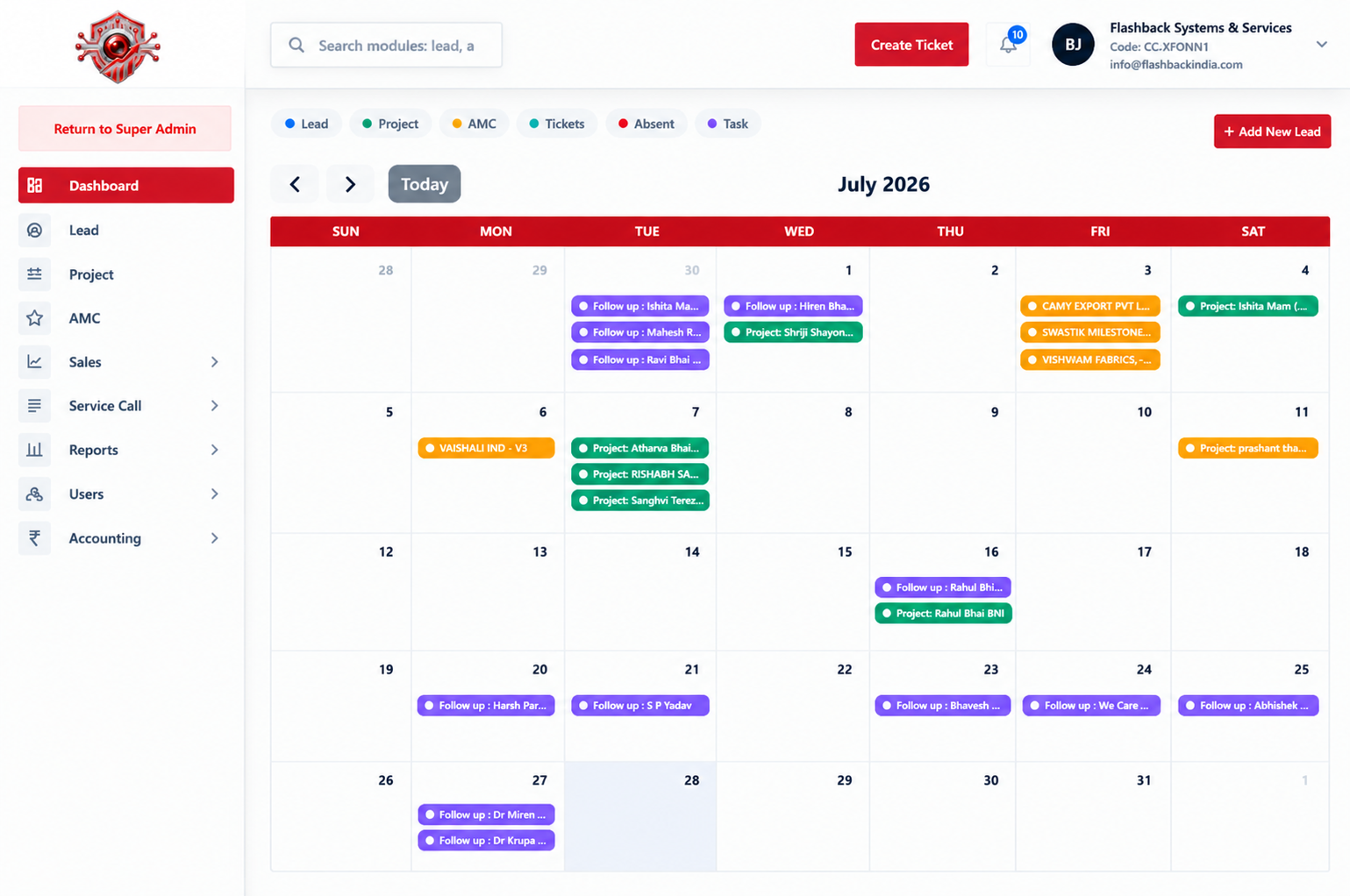 CCTVPro monthly calendar view with leads, projects and follow-ups
