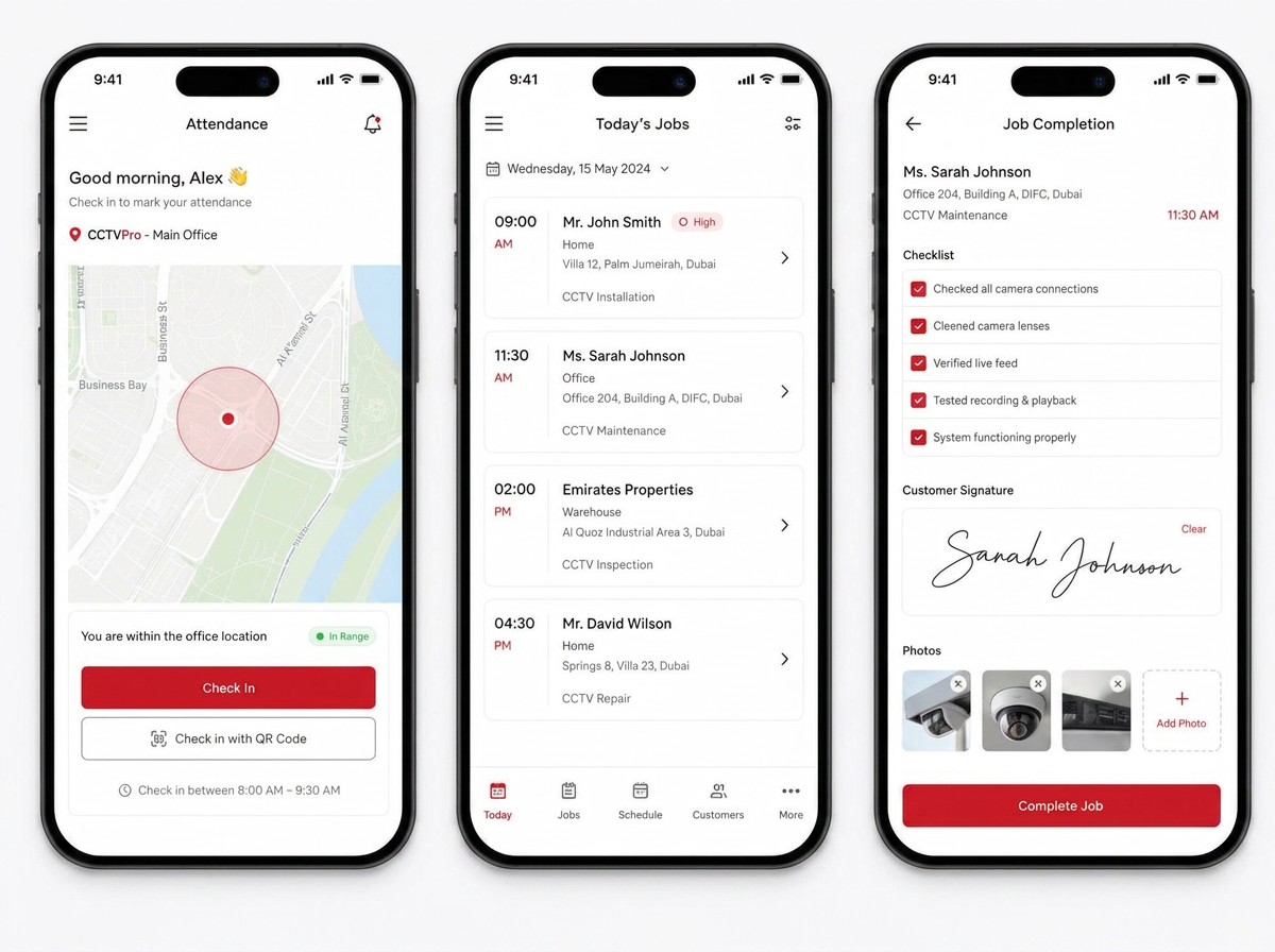 CCTVPro technician mobile app: attendance, jobs, checklist